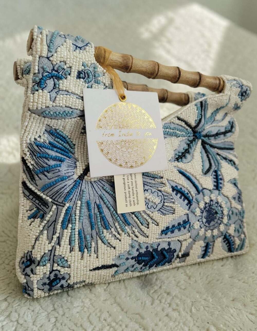 Artisan Hand Beaded Floral Bamboo Handle Bag Blue White Tropical Satchel